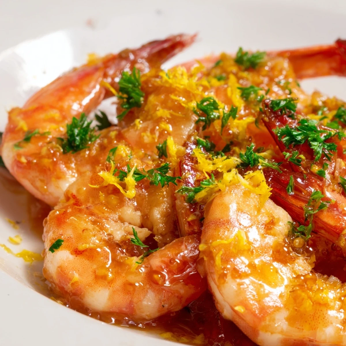 A serving of Saffron Honey-Glazed Smoky Shrimp Skillet over couscous with crusty bread on the side.