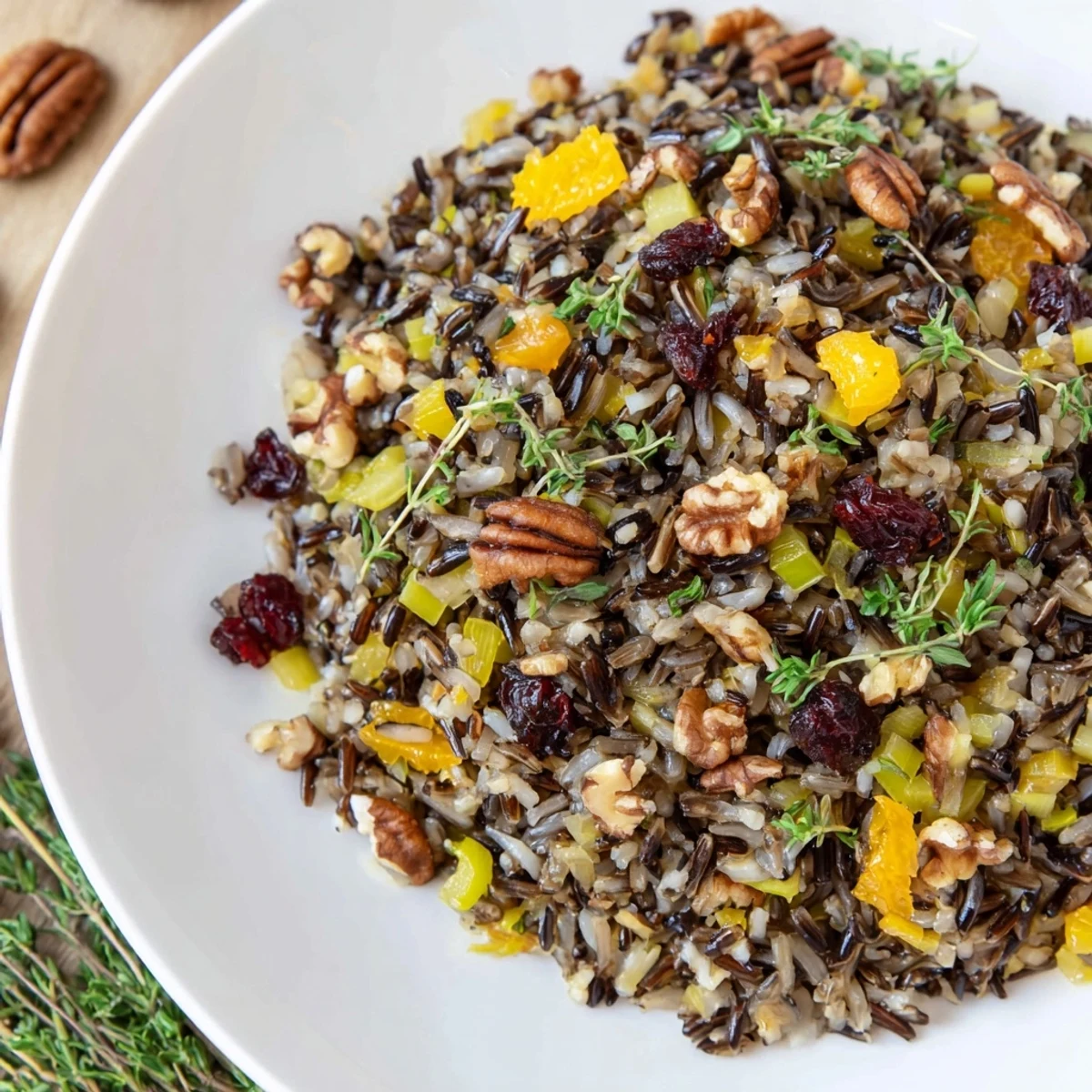 Golden-brown Hearth Baked Wild Rice Citrus Pilaf steaming in a rustic dish, garnished with fresh parsley and nuts.