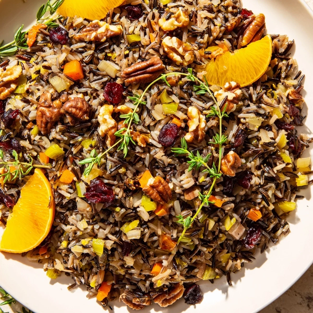 A rustic cast-iron pot full of Hearth Baked Wild Rice Citrus Pilaf with dried cranberries and citrus zest.