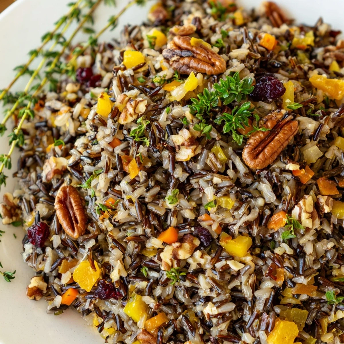 Close-up of Hearth Baked Wild Rice Citrus Pilaf showing fluffy grains, diced carrots, and toasted pecans ready to serve.