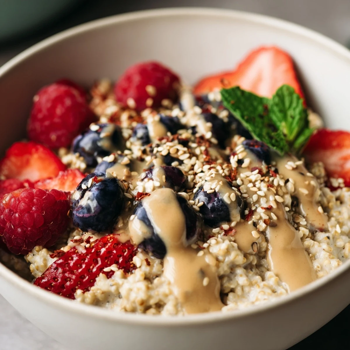Creamy ginger-scented buckwheat and berry porridge topped with berries and miso glaze in a rustic bowl.