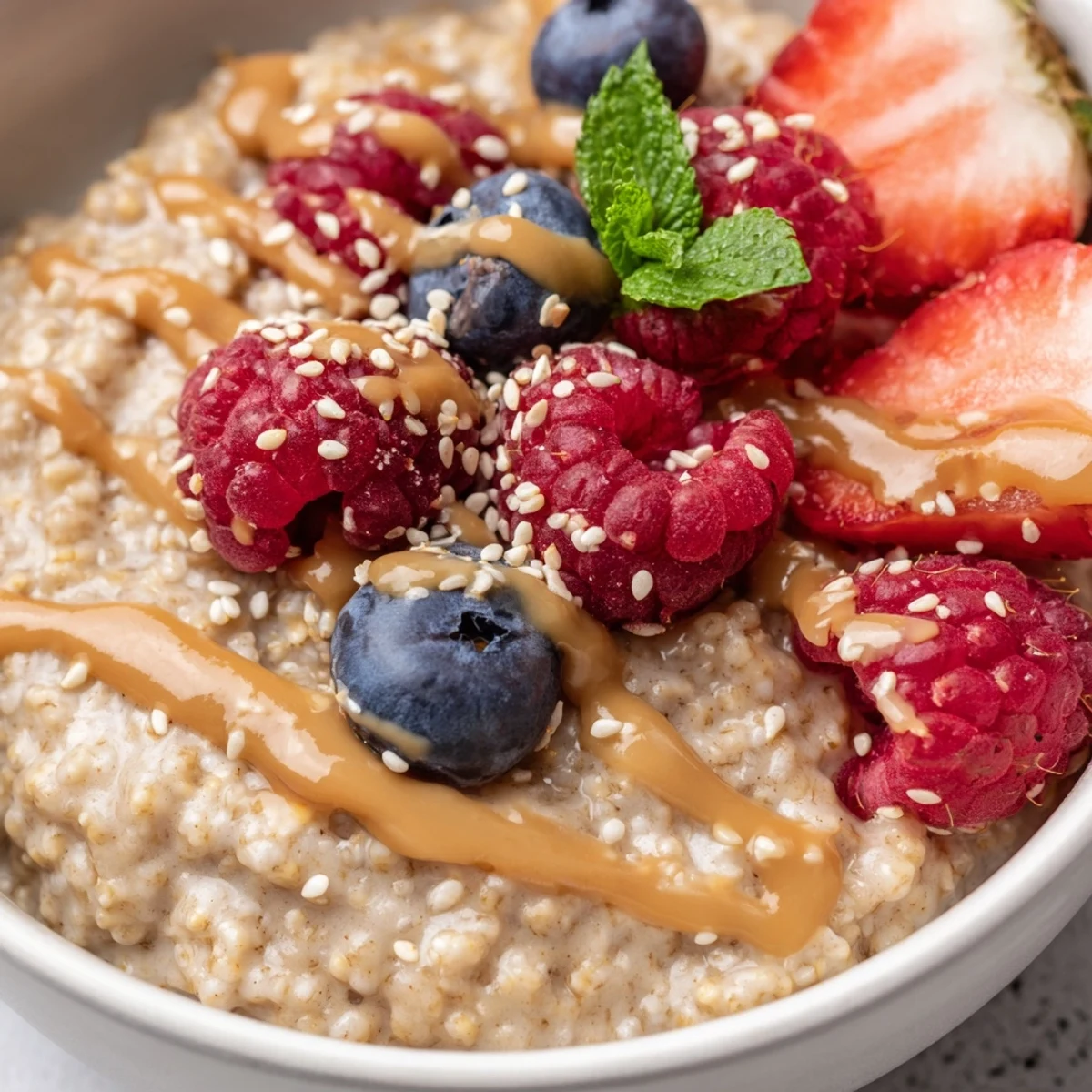 A cozy bowl of ginger-scented buckwheat and berry porridge with vibrant berries and a miso glaze.