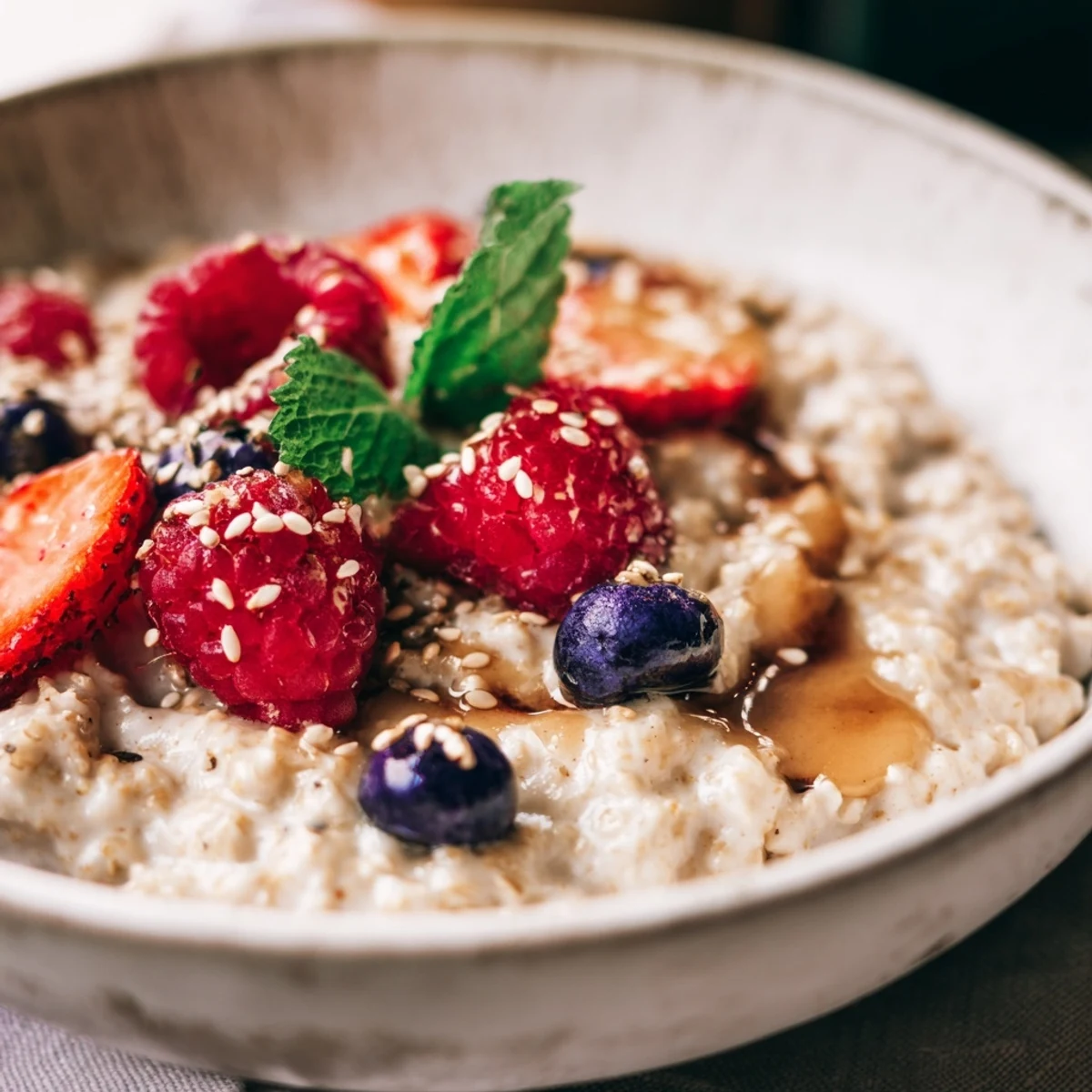 Warm ginger-scented buckwheat and berry porridge drizzled with sweet-salty miso glaze and toasted sesame seeds.