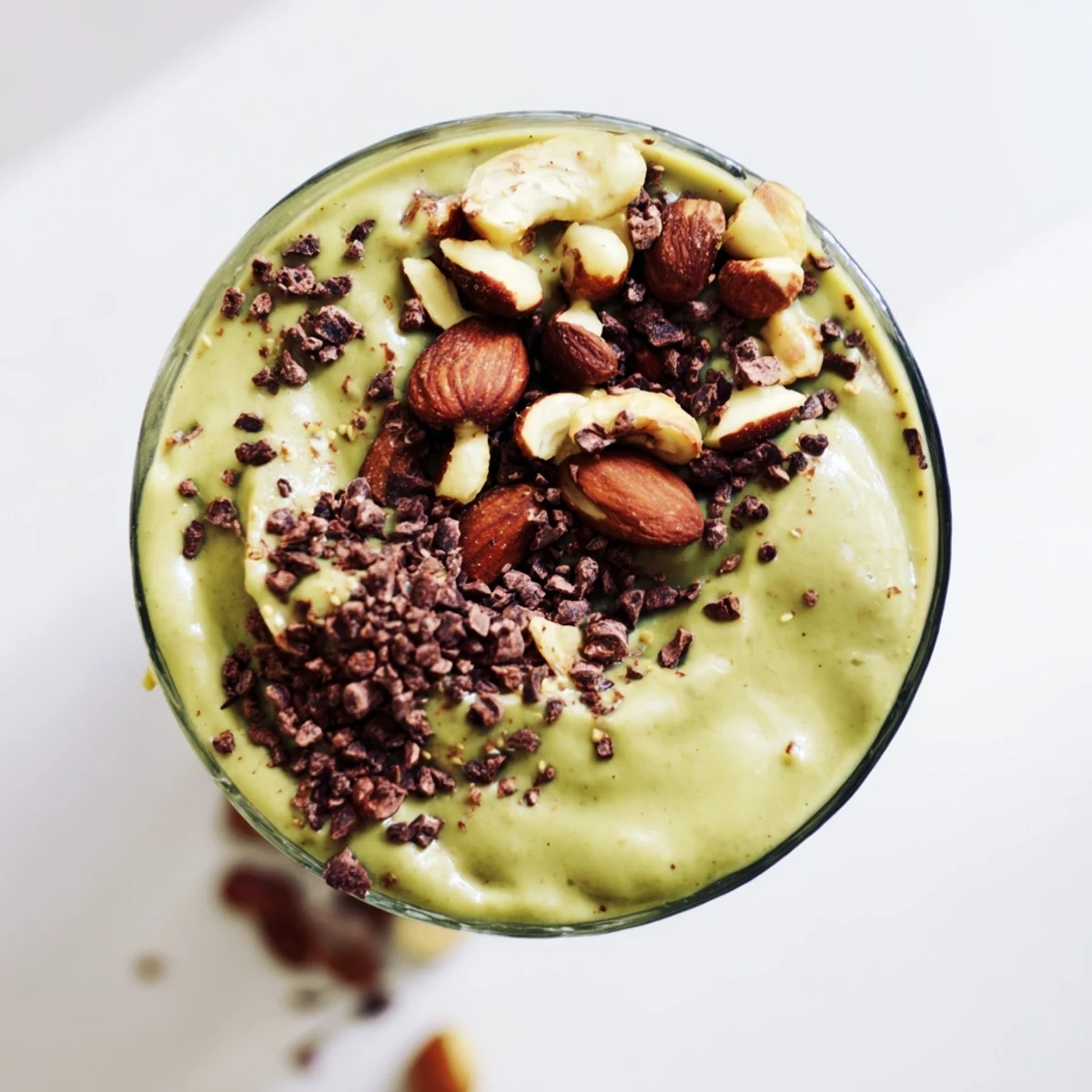 Creamy avocado, slow-roasted almonds, and rich cacao blend into a smoothie topped with cacao nibs and chopped nuts.