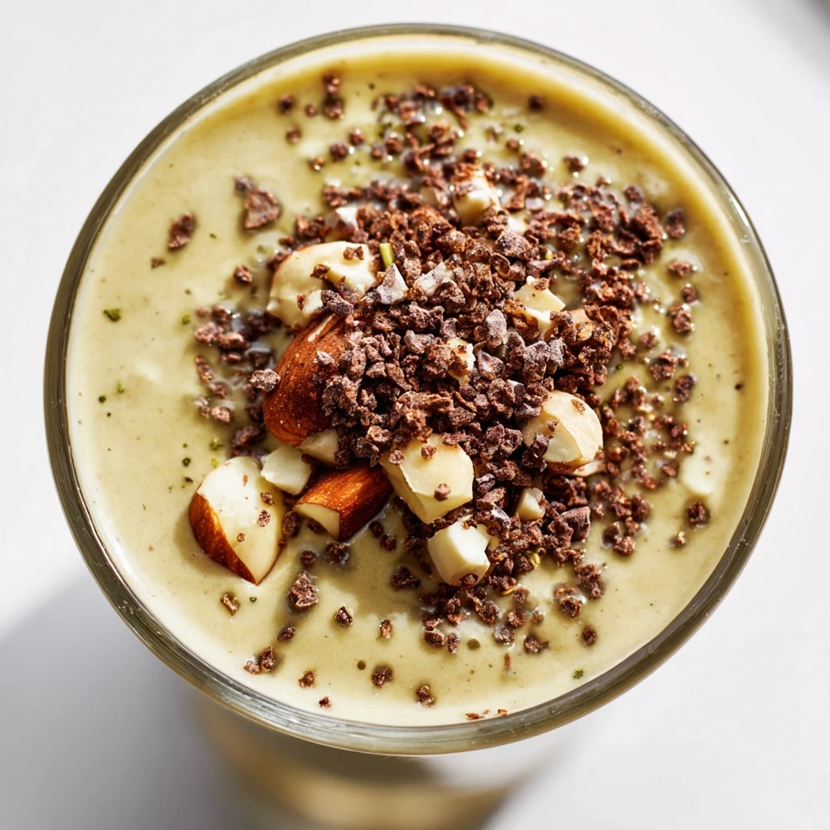Two glasses of Avocado Slow Roasted Nutty Cacao Smoothie garnished with chopped nuts and a honey drizzle.
