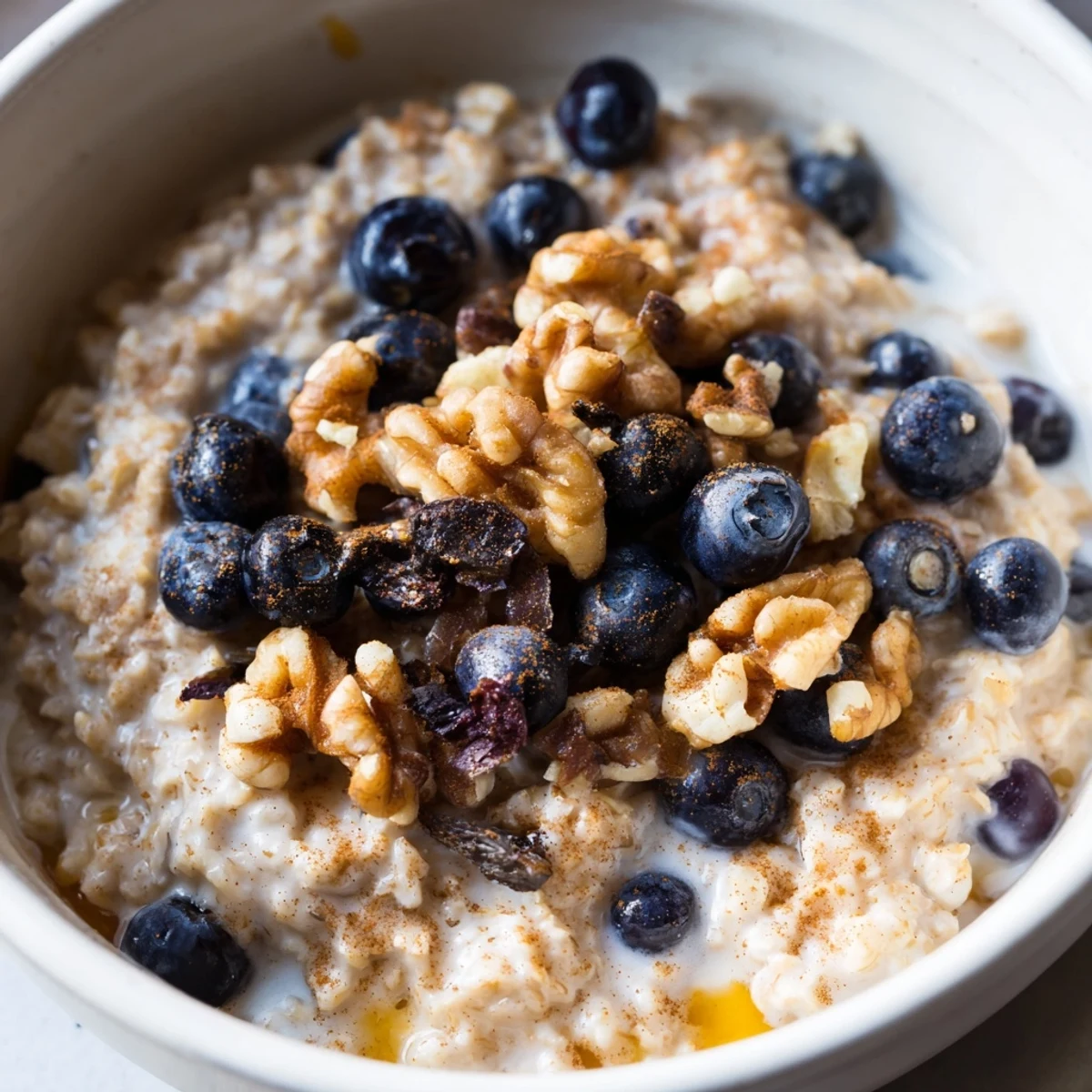 Freshly cooked Steel Cut Oat Porridge steaming in a bowl, topped with fresh berries and chopped walnuts.