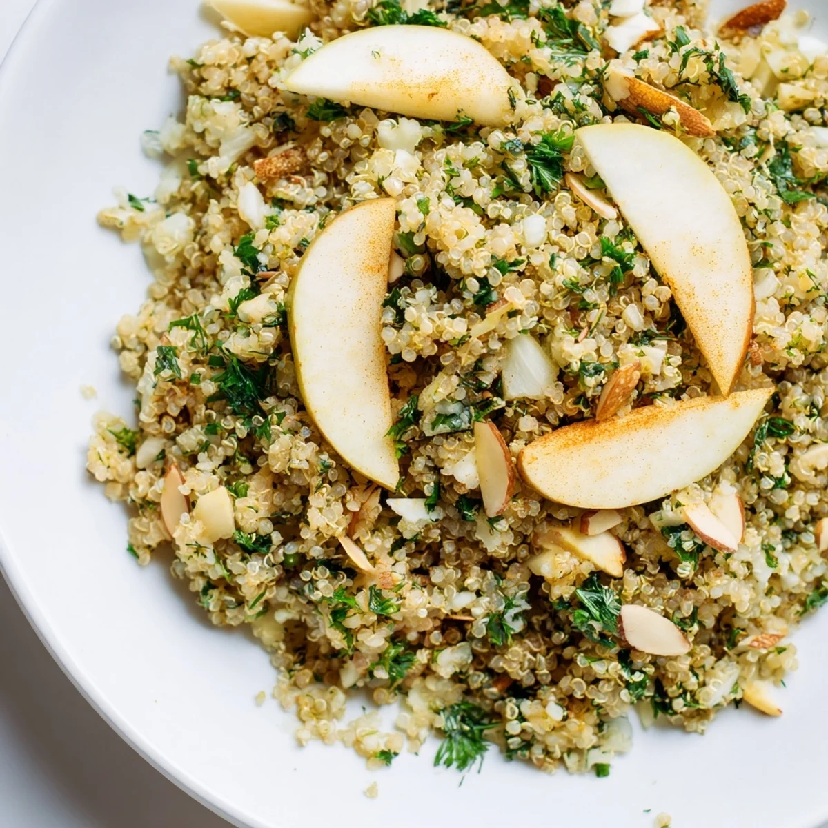 A side view of Quinoa and Herb Pilaf with tender honeycrisp apples and fresh mint garnish next to a fork. 