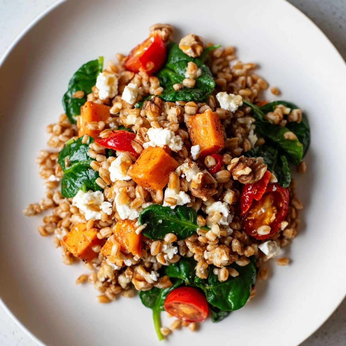 Golden roasted sweet potatoes and red bell peppers mingle with warm, nutty toasted farro in this comforting salad.