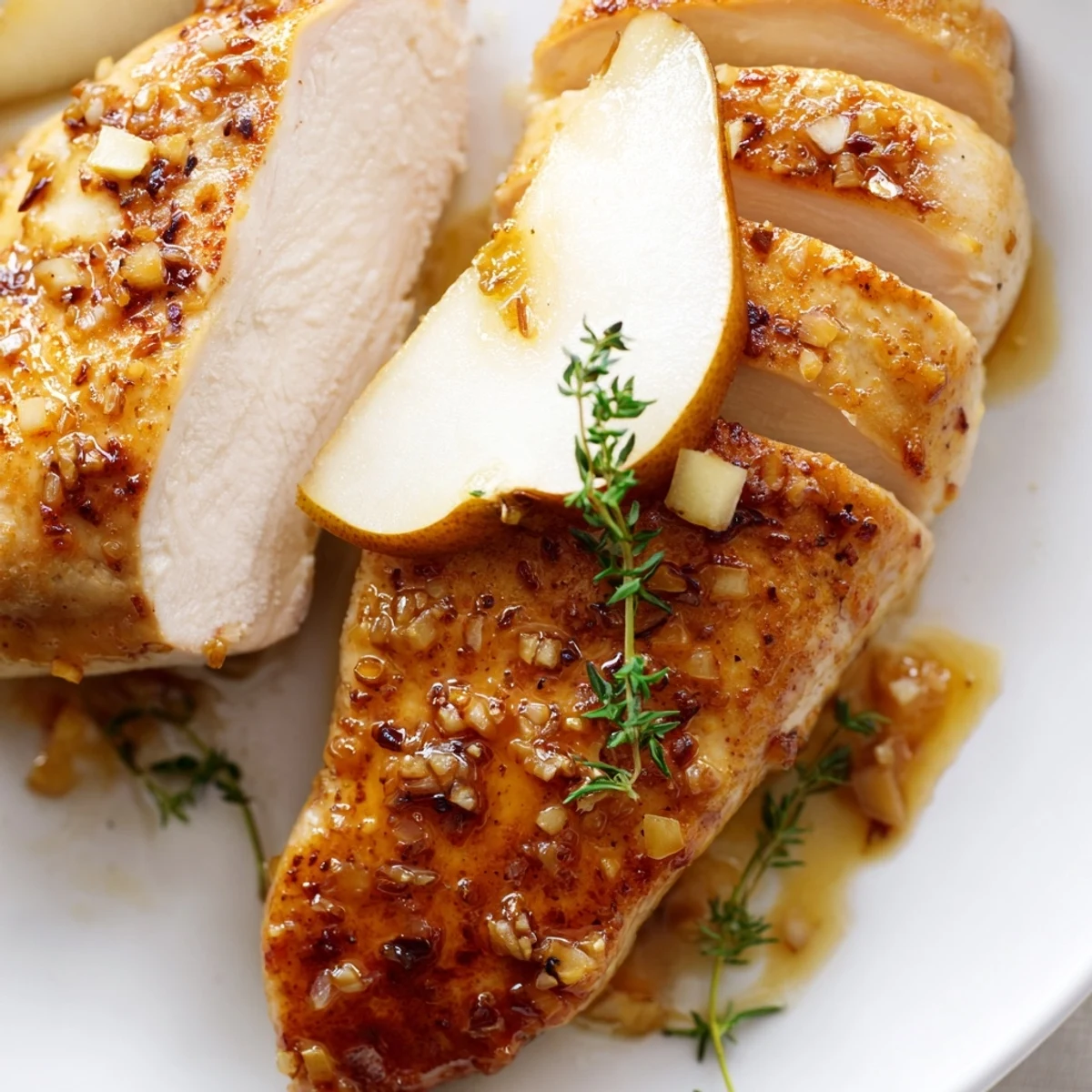 Golden-brown, juicy slices of Pear and Spice Golden Herbed Chicken Breast, fresh from the pan, garnished with thyme.