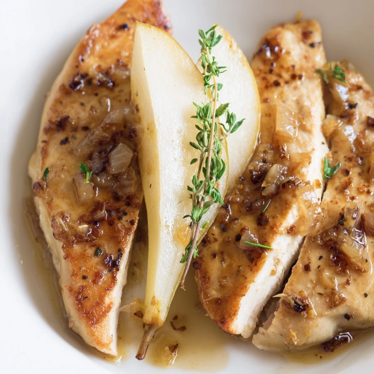 Succulent Pear and Spice Golden Herbed Chicken Breast served with roasted potatoes and a fresh green salad.