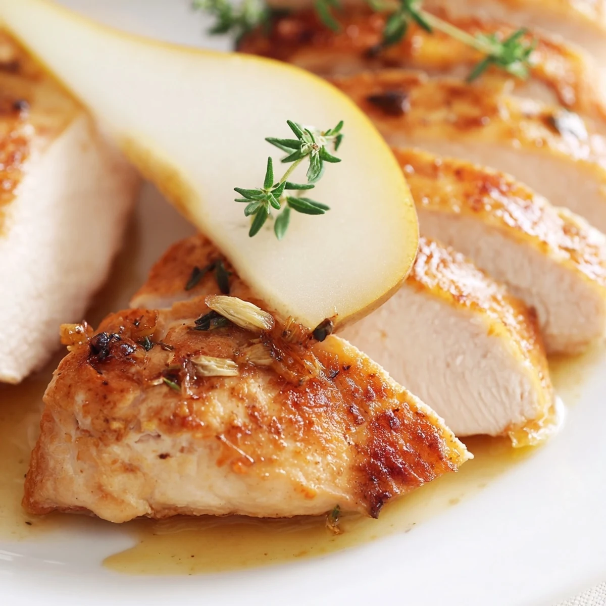 A close-up of a juicy, pan-seared Pear and Spice Golden Herbed Chicken Breast with a rich, golden crust.