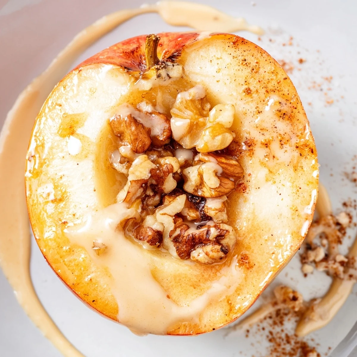 Golden-brown Baked Brown Butter Apple With Tahini Drizzle on a rustic plate with cinnamon-dusted walnuts.