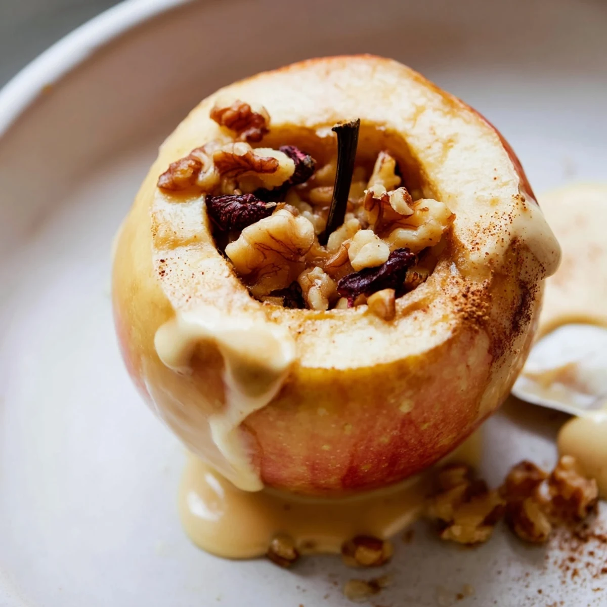 Warm Baked Brown Butter Apple With Tahini Drizzle glistens, served beside creamy vanilla ice cream.