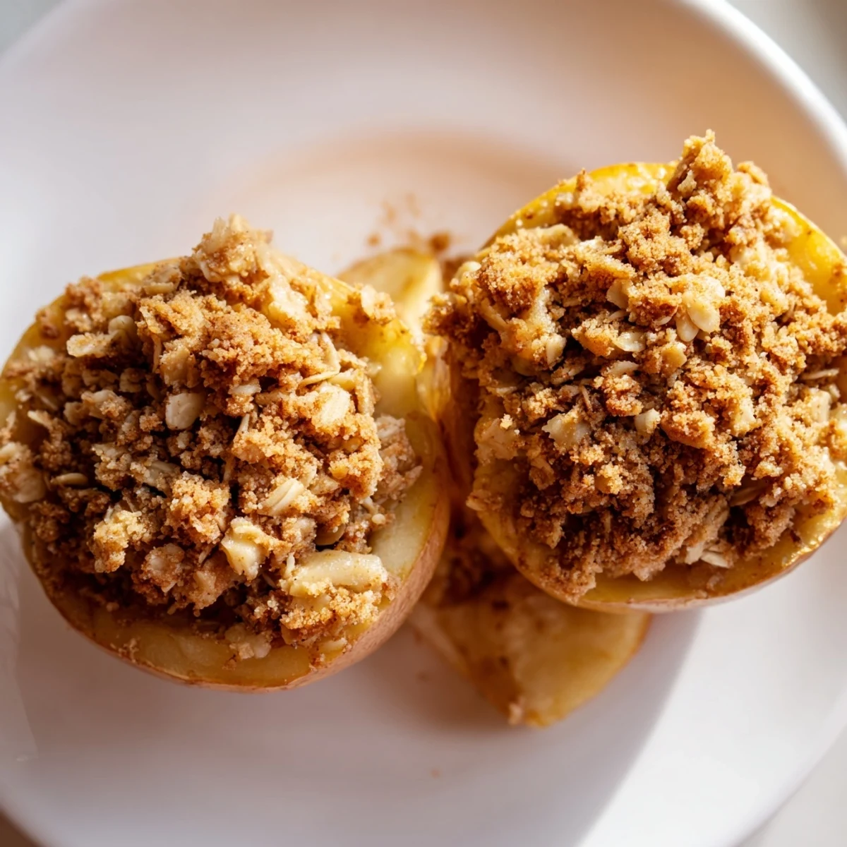 Freshly baked Baked Cinnamon Apple with Oat Crumble bubbling with sweet cinnamon spices and a crunchy oat topping, ready to serve.
