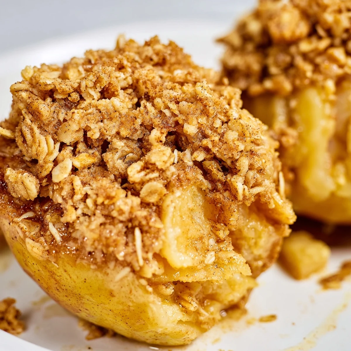 Warm Baked Cinnamon Apple with Oat Crumble topped with golden crumble, paired with a dollop of Greek yogurt for a healthy dessert.