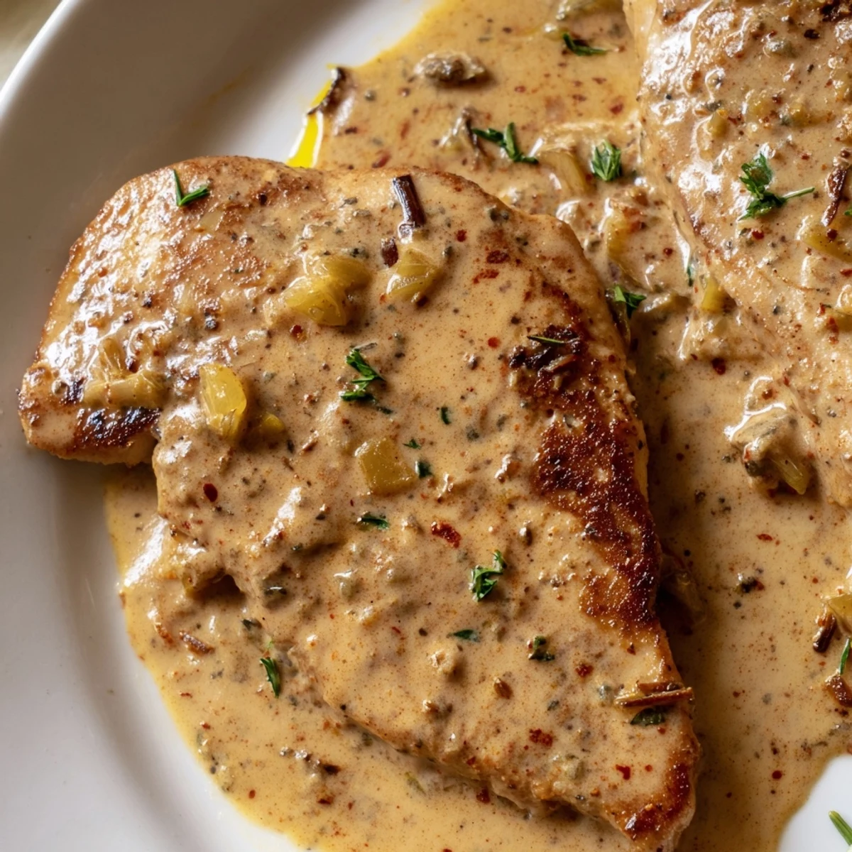 Tender golden turkey cutlets bathed in a creamy paprika sauce, sprinkled with fresh parsley for a cozy dinner. Comforting Paprika Spiced Turkey.