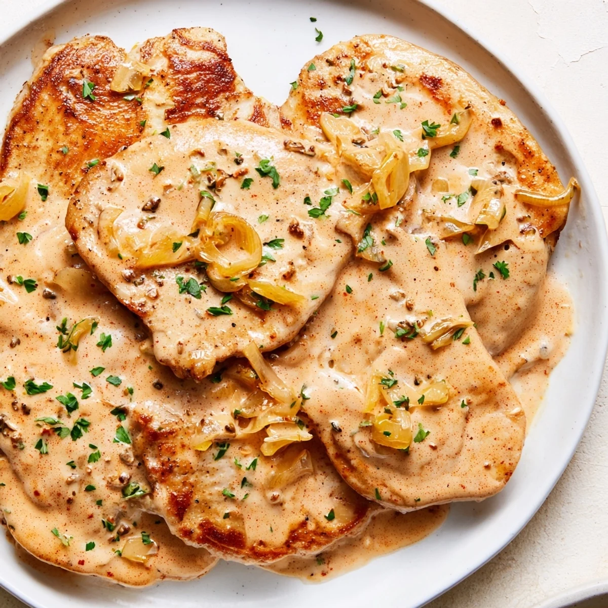 A close-up of juicy turkey breasts in a rich, reddish-orange sauce, garnished with chopped parsley and bits of onion. Comforting Paprika Spiced Turkey.