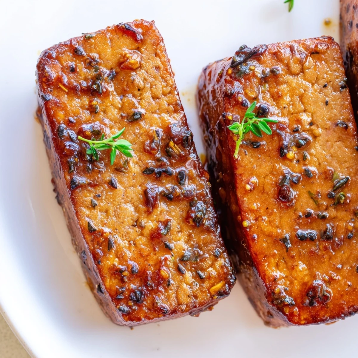 Golden-brown Herbed Tempeh Steaks with Ginger Scent sizzling in a skillet, garnished with fresh parsley and thyme.
