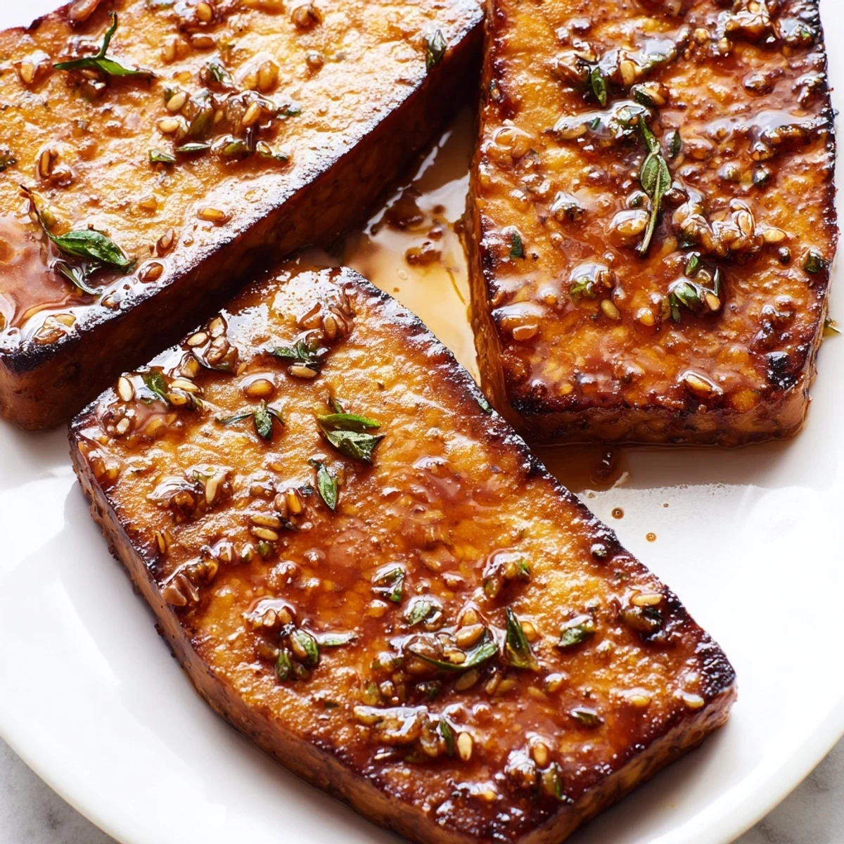 A close-up of marinated Herbed Tempeh Steaks with Ginger Scent, highlighting the savory glaze and aromatic ginger.