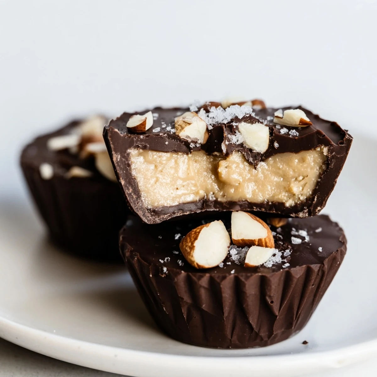 Homemade Almond Butter Cocoa Cups topped with chopped almonds and flaky sea salt, a gluten-free dessert.