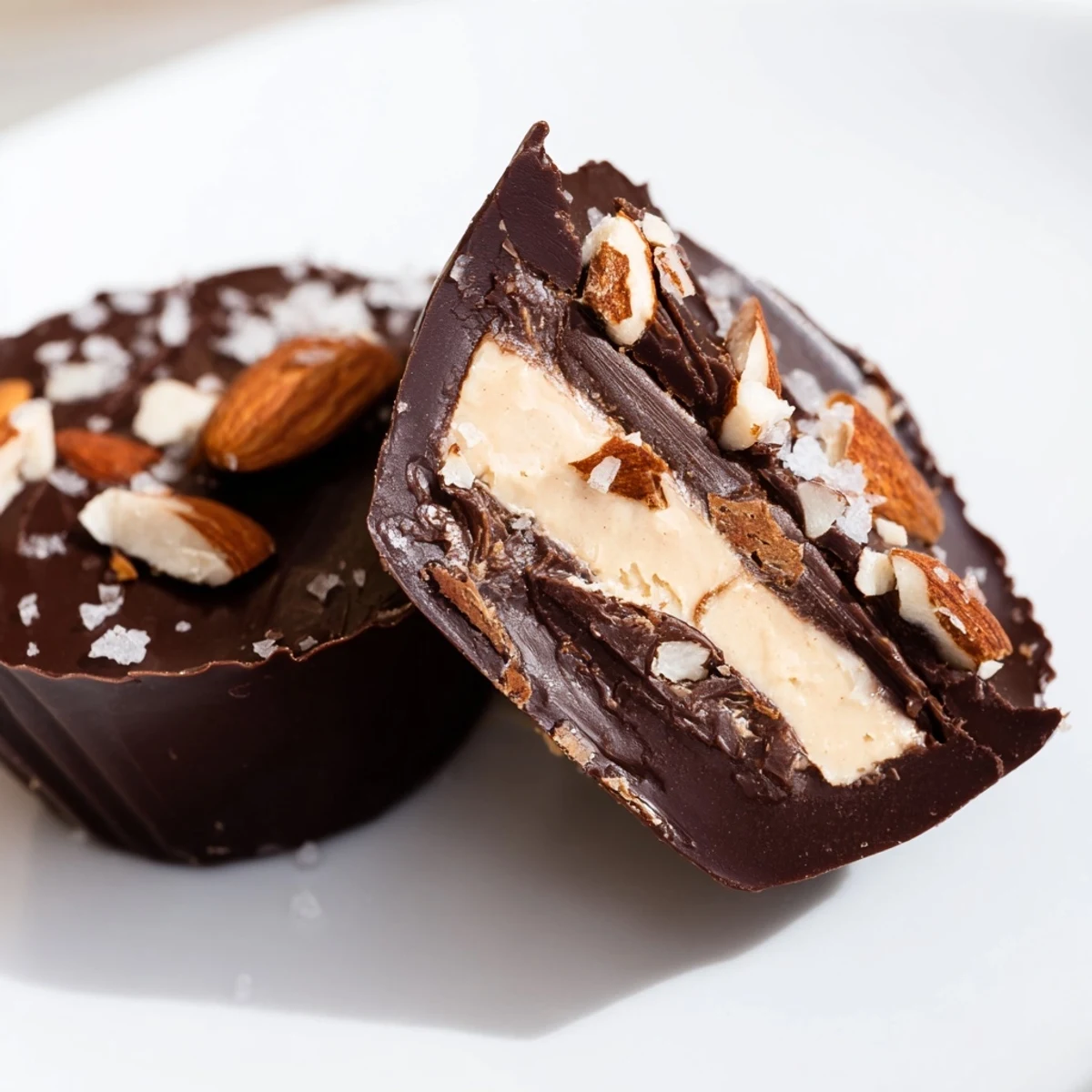 Two rich Almond Butter Cocoa Cups displayed on a plate, a perfect no-bake sweet snack.