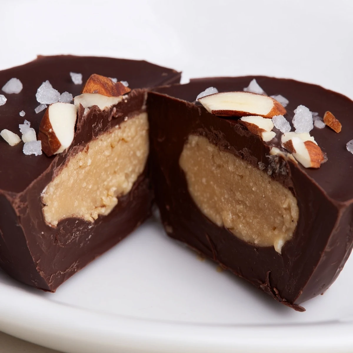 Dark chocolate Almond Butter Cocoa Cups reveal a creamy almond filling on a marble surface.