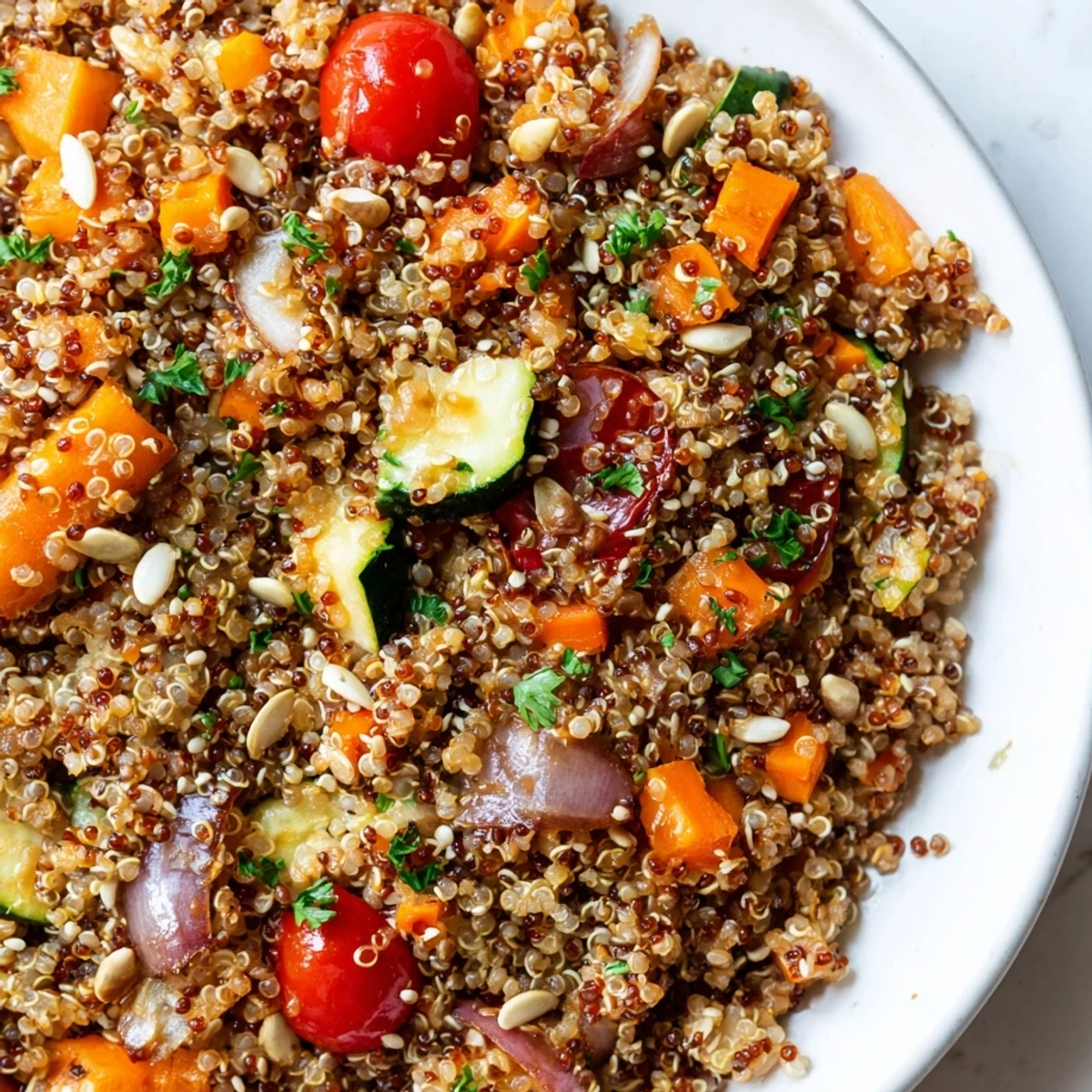 The finished Quinoa Rustico Pilaf with Miso Glaze is garnished with pumpkin seeds and parsley.