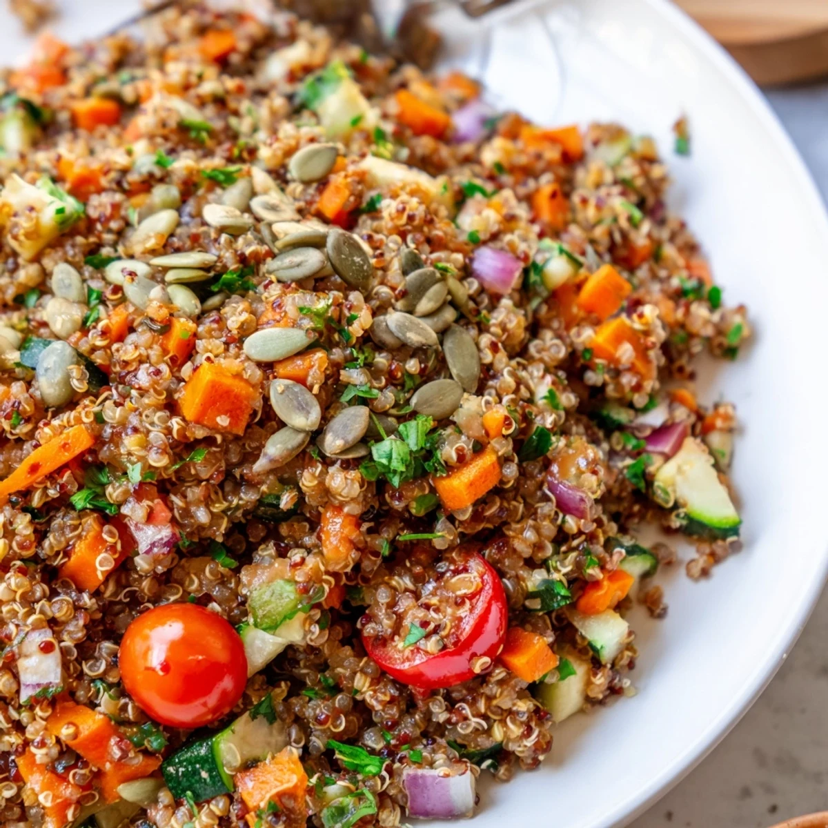 Fluffy quinoa pilaf with roasted vegetables and a glossy miso glaze in a white bowl.
