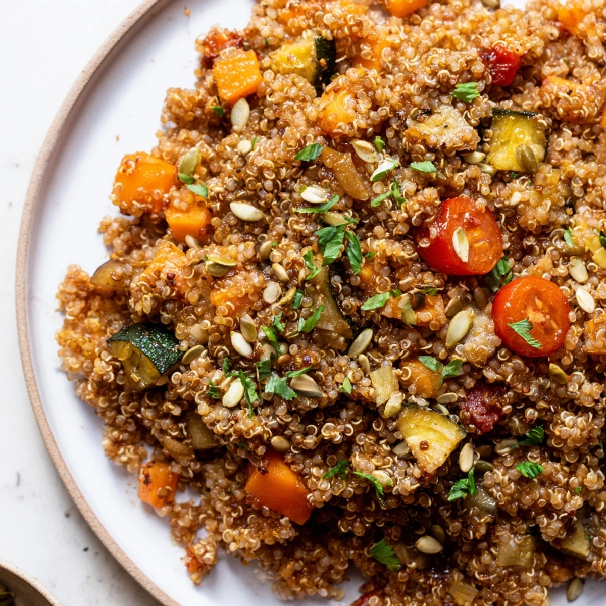 Spoonful of Quinoa Rustico Pilaf with Miso Glaze, featuring zucchini, bell pepper, and carrots.