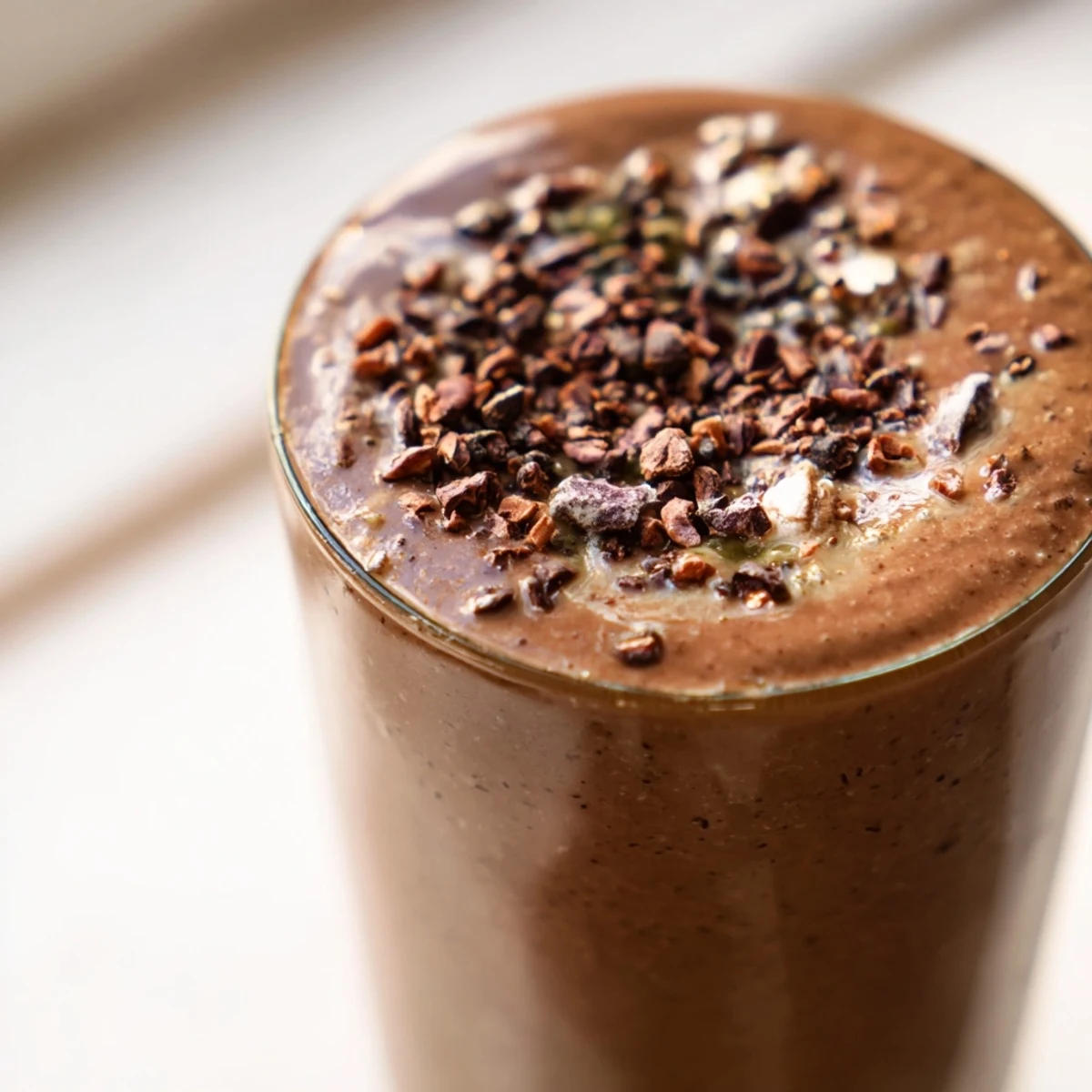 A tall glass of Miso Glazed Avocado Cacao Smoothie topped with toasted coconut flakes and cacao nibs, ready to serve.