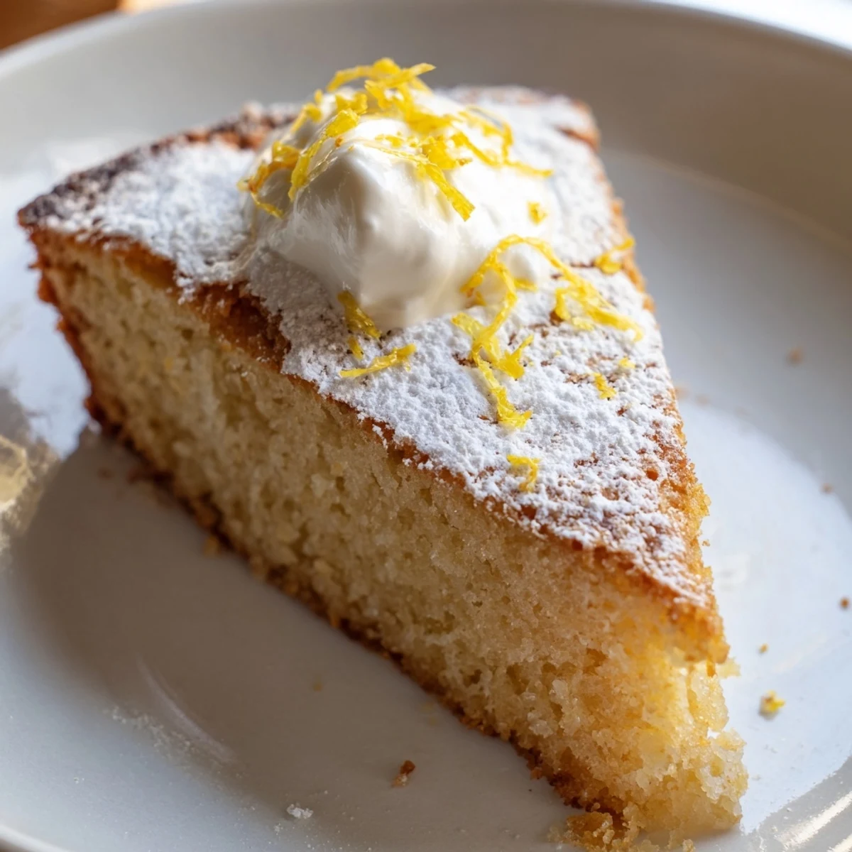 Freshly baked Olive Oil Citrus Cake with a golden crust, topped with sweet powdered sugar.