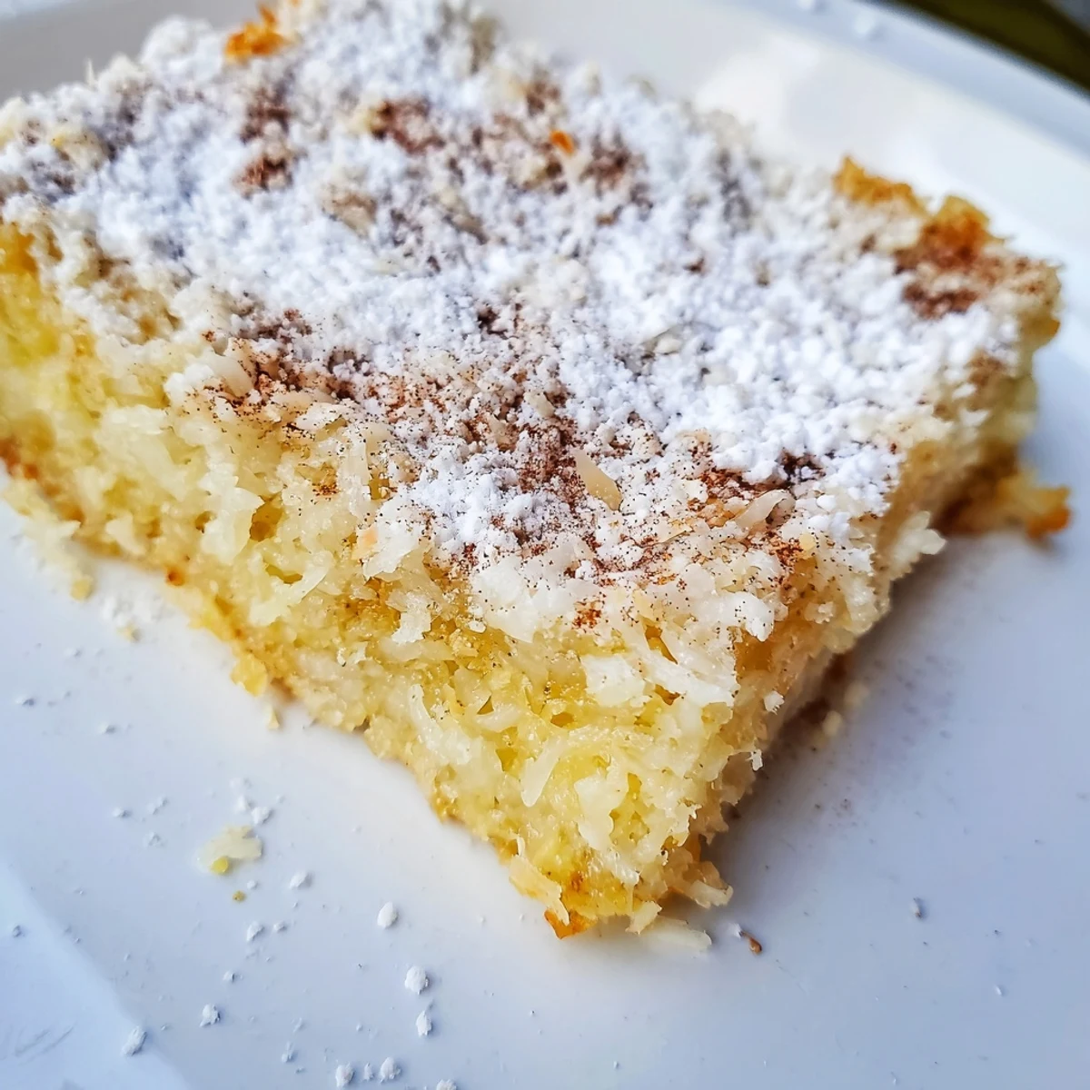 A close-up of a soft Warming Cinnamon Lemon Coconut Bar revealing bright lemon zest and shredded coconut.