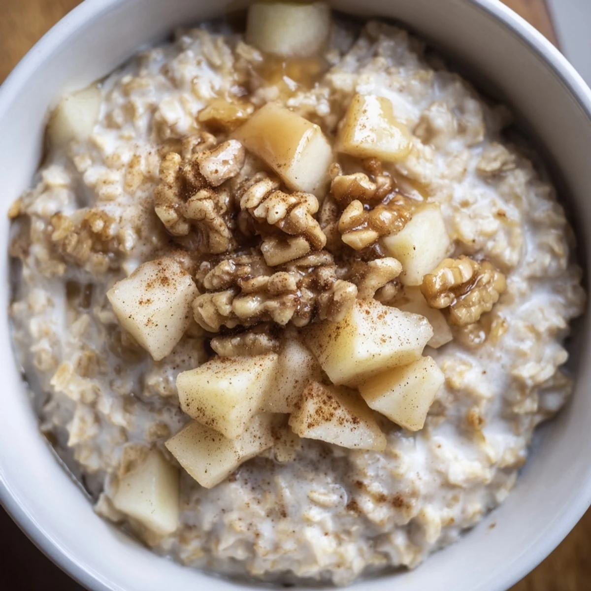 Healthy gluten-free Spiced Vanilla Scented Porridge in a rustic bowl, garnished with toasted walnuts and a sprinkle of cinnamon.
