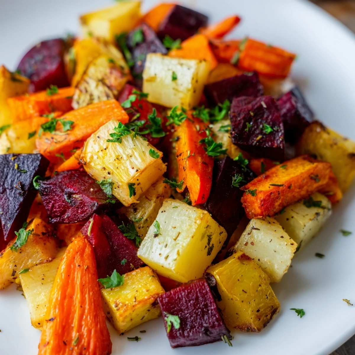 A close-up view of the Roasted Root Vegetable Medley, showcasing golden-brown carrots and sweet potatoes with caramelized edges. 