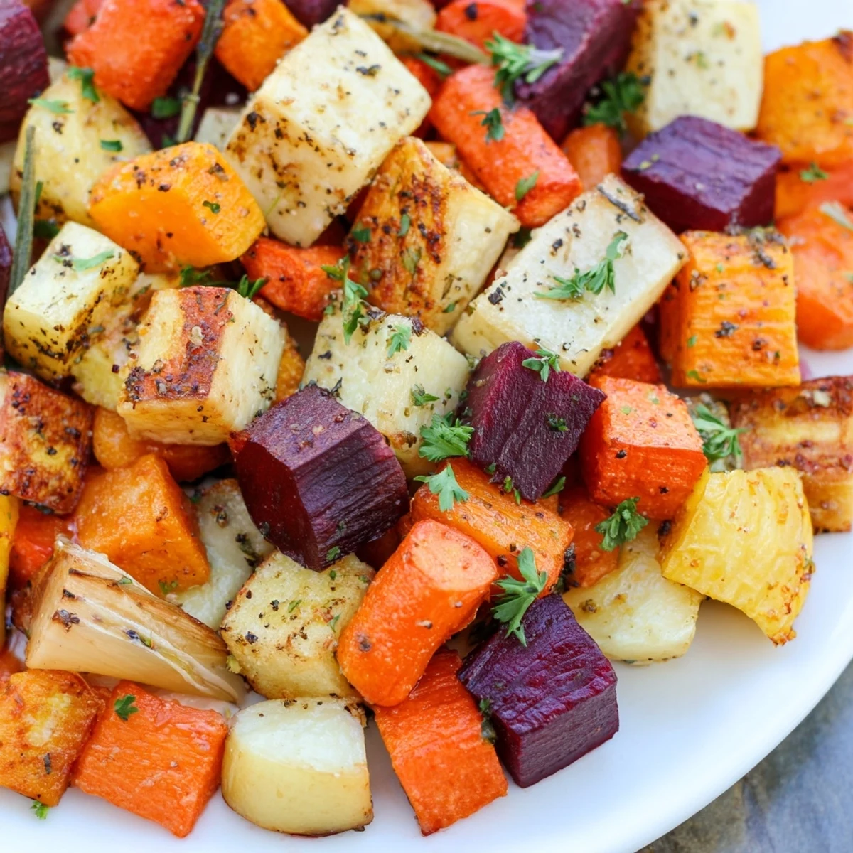 This rustic Roasted Root Vegetable Medley features vibrant beets and parsnips tossed in herbs on a baking sheet. 