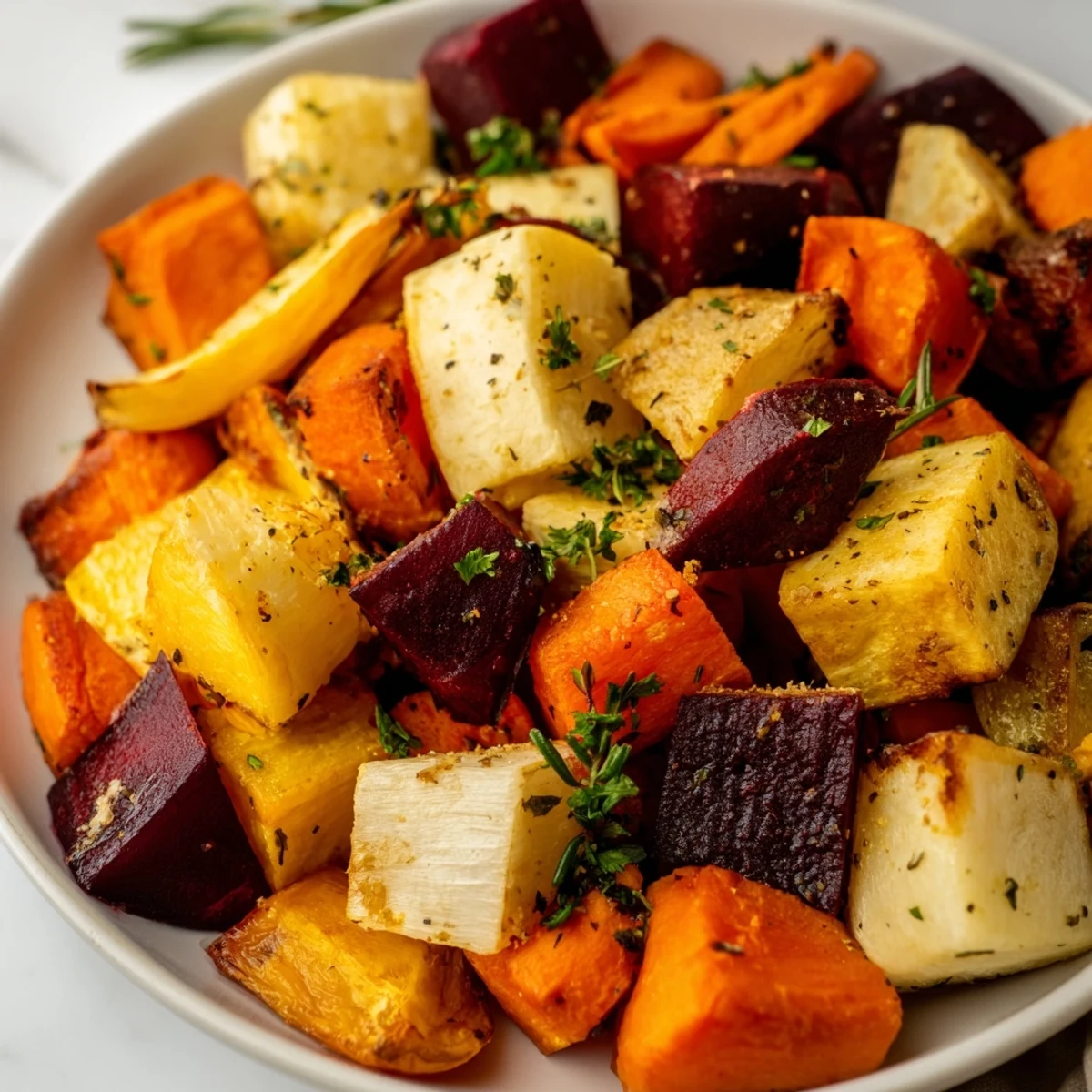 A top-down perspective of the finished Roasted Root Vegetable Medley garnished with fresh parsley, served warm alongside a main dish.