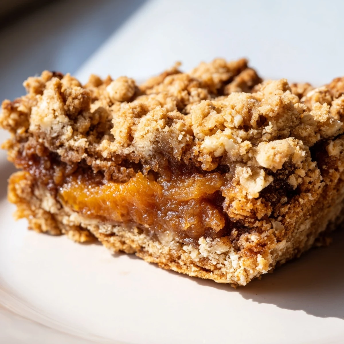 Golden brown Spiced Smoky Date-Free Squares with a chewy fig and apricot filling are stacked on a rustic wooden board.