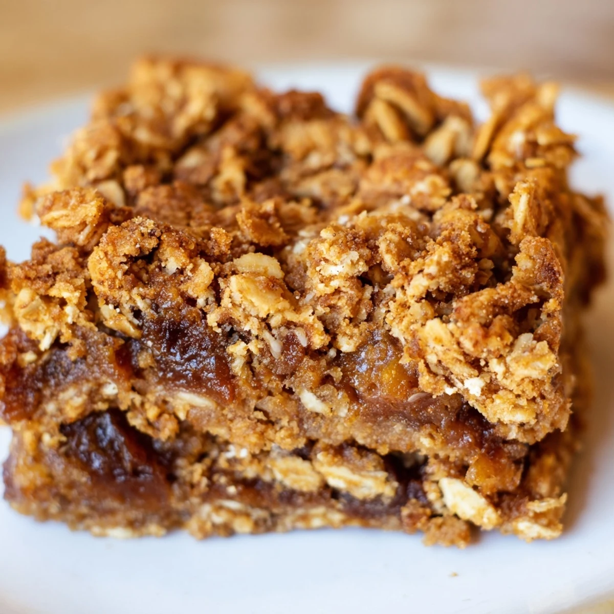 A close-up view of vegan Spiced Smoky Date-Free Squares showing the crumbly oat topping and warm, aromatic spices.