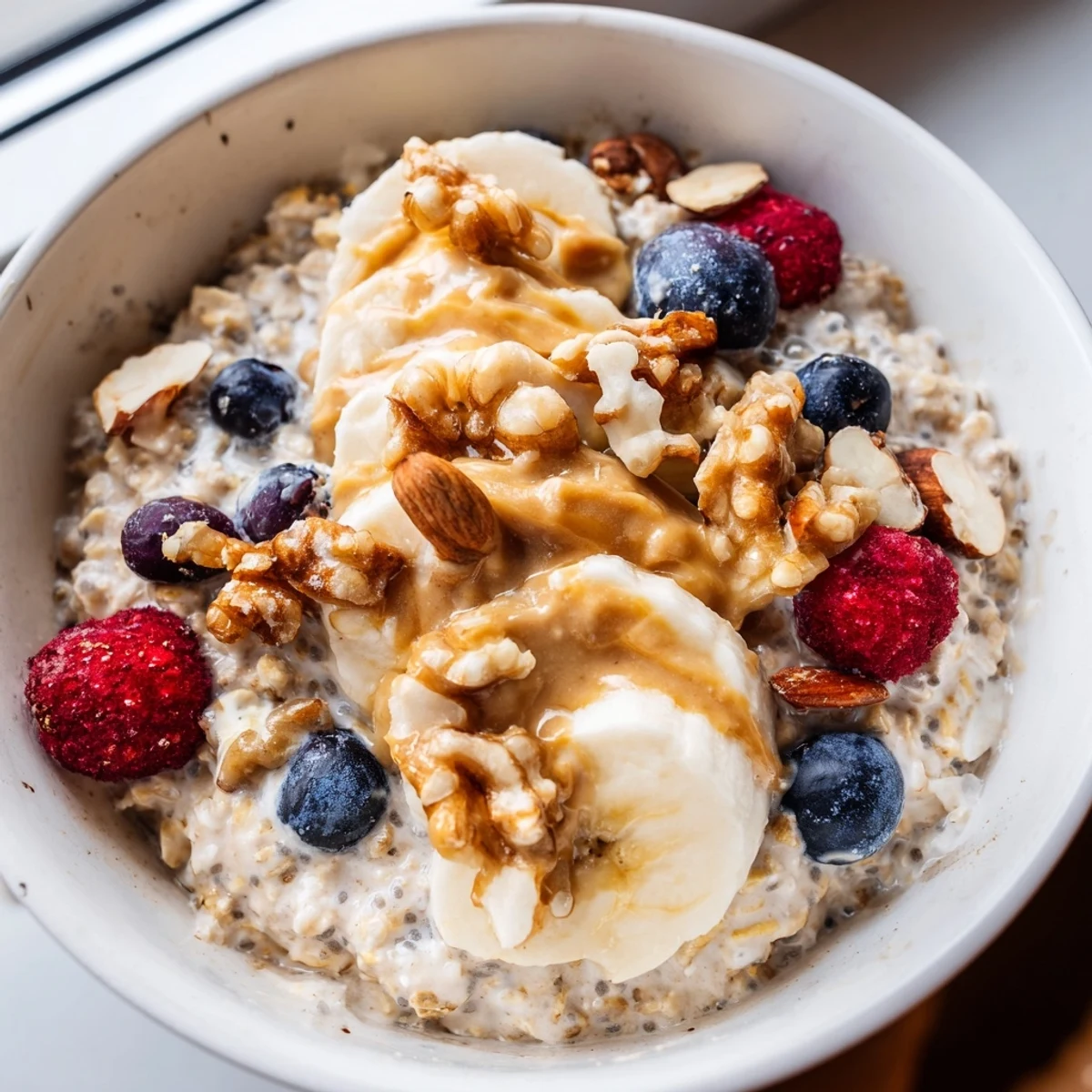 Overnight Nutty Oats Bowl topped with fresh berries, sliced banana, and chopped nuts in a glass jar.