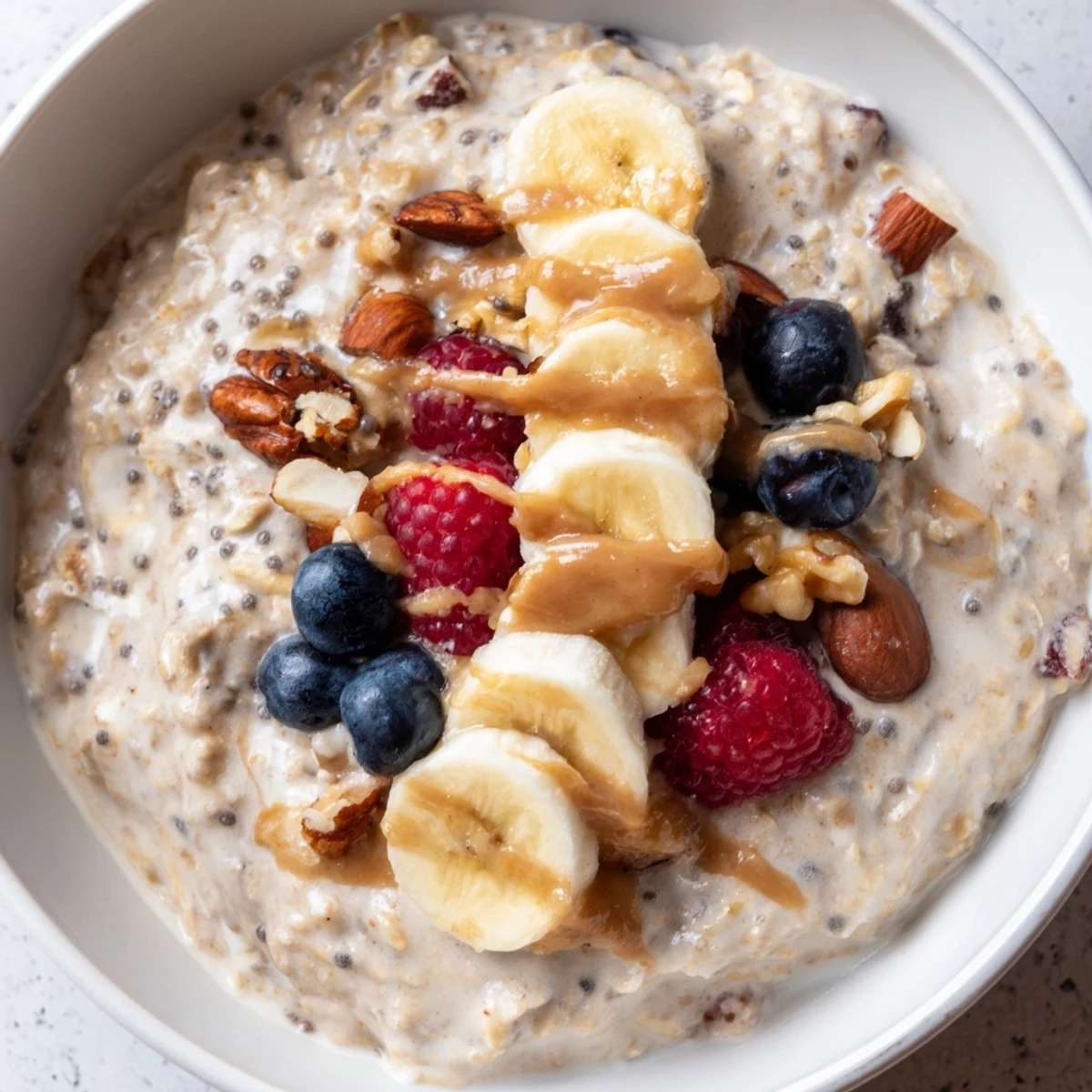 Healthy Overnight Nutty Oats Bowl with almond and walnut pieces, served chilled with a spoon.