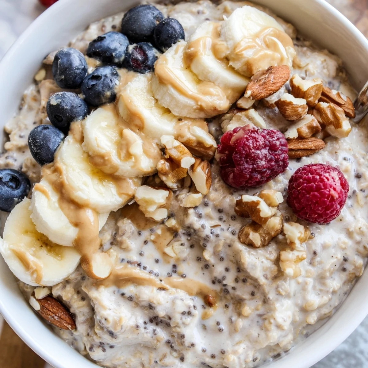 A jar of creamy Overnight Nutty Oats Bowl with nut butter drizzle, ready to eat for breakfast.