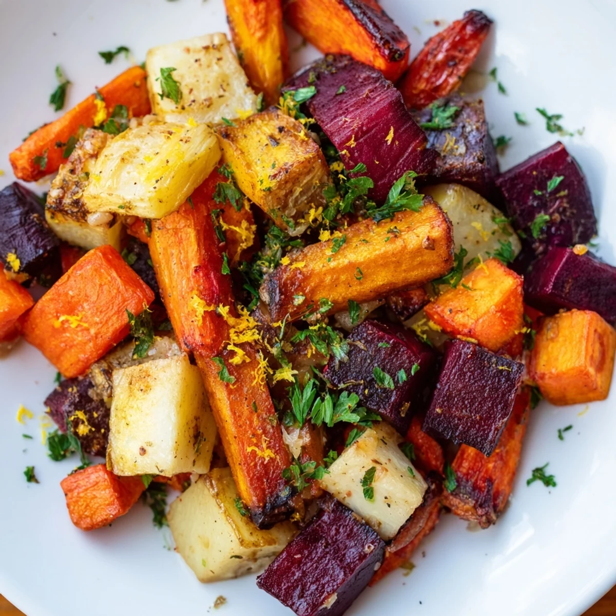 Roasted Root Vegetable Medley in a ceramic bowl, garnished with fresh parsley and bright lemon zest.
