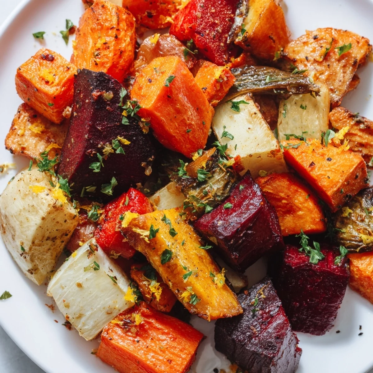 A colorful platter of Roasted Root Vegetable Medley features golden carrots, sweet potato, and red onion.