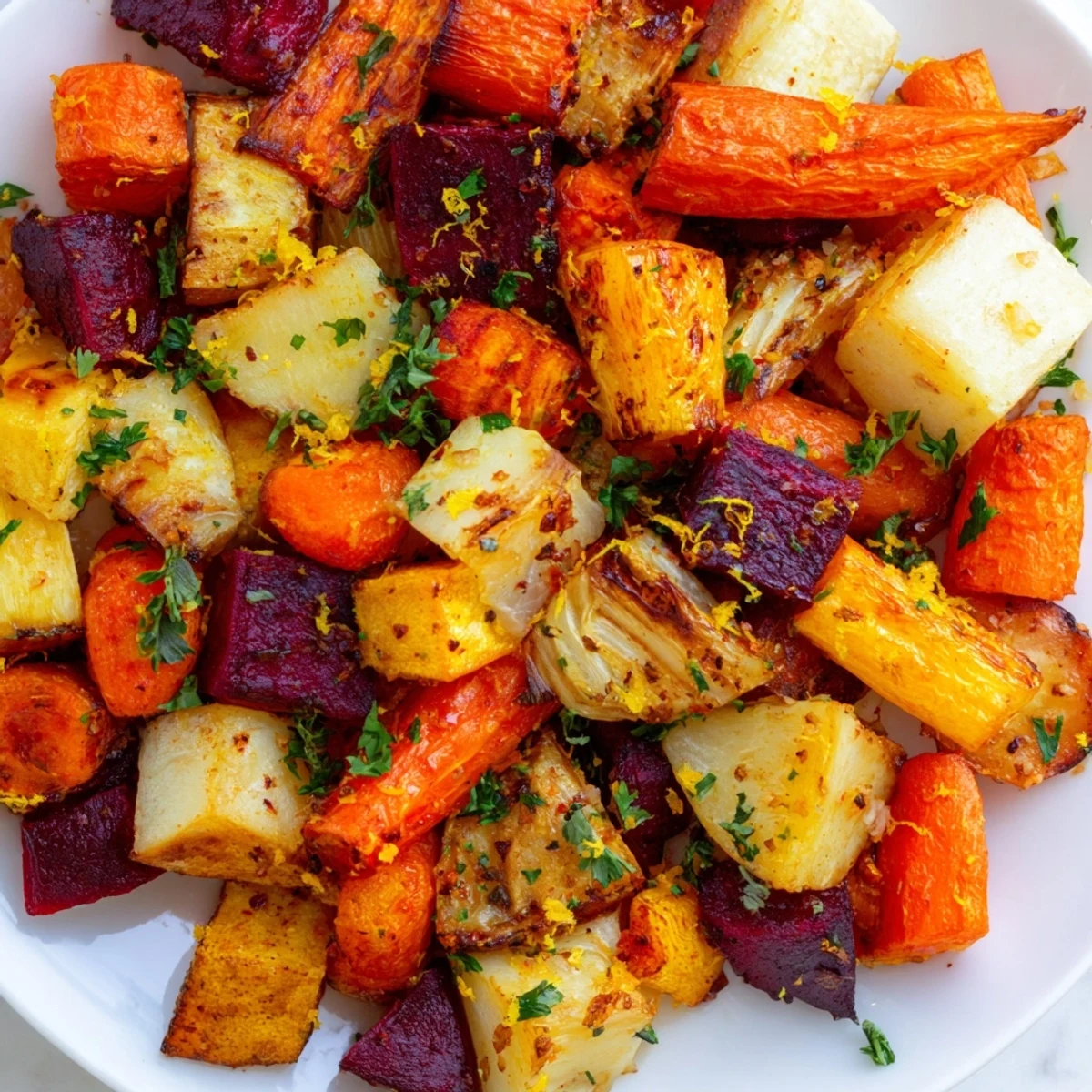 Roasted Root Vegetable Medley served warm alongside grilled chicken, with steam rising from the caramelized edges.