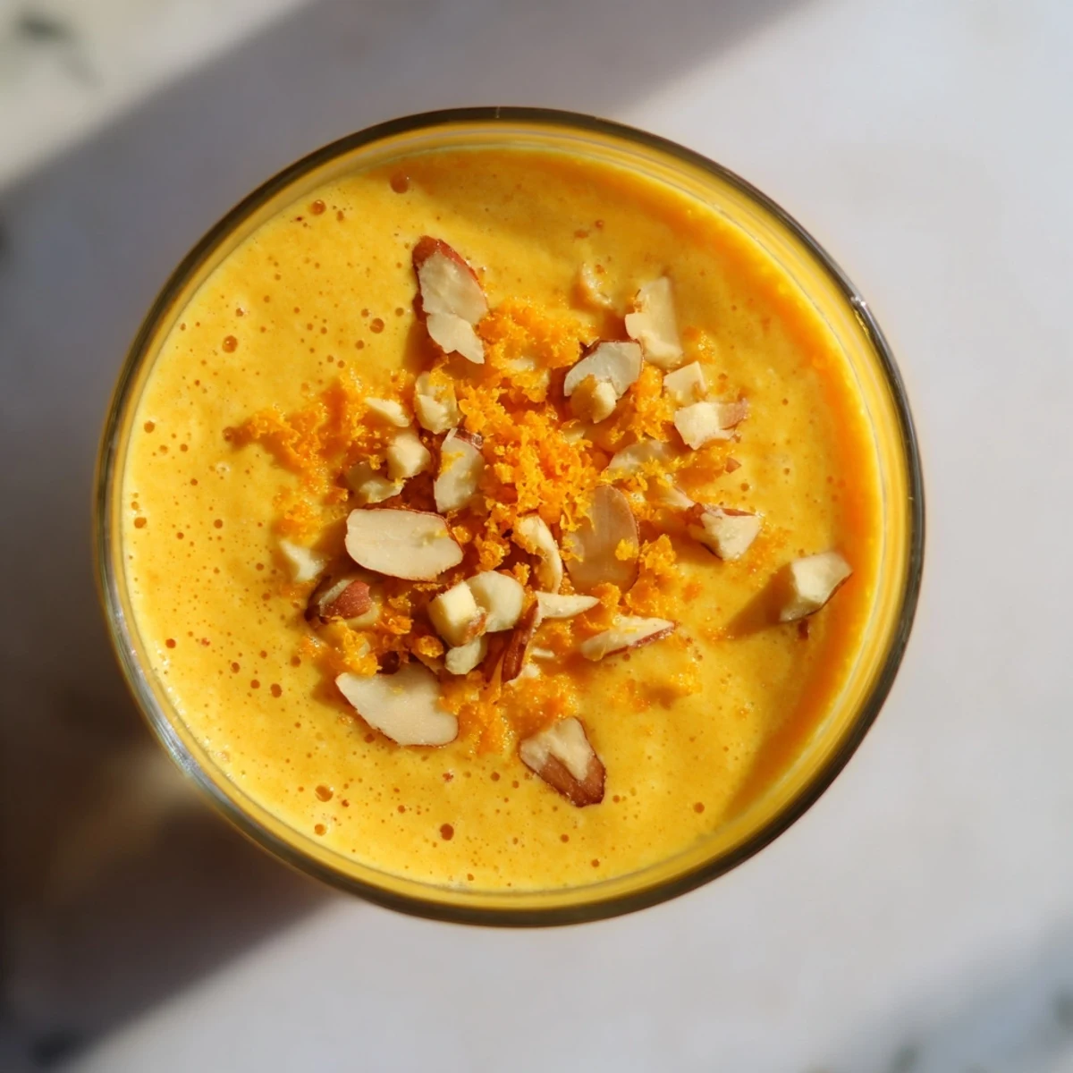Top-down view of vibrant Citrus Orange Kissed Nutty Ginger Smoothie, served with sliced orange and a sprinkle of nuts.
