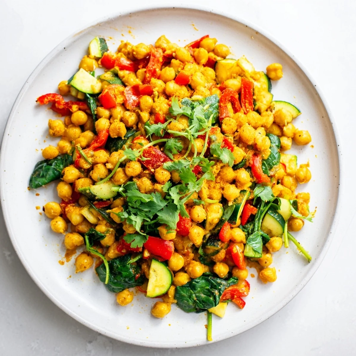 Vibrant Turmeric Chickpea Skillet with golden chickpeas, red bell peppers, and wilted spinach in a cast-iron pan.