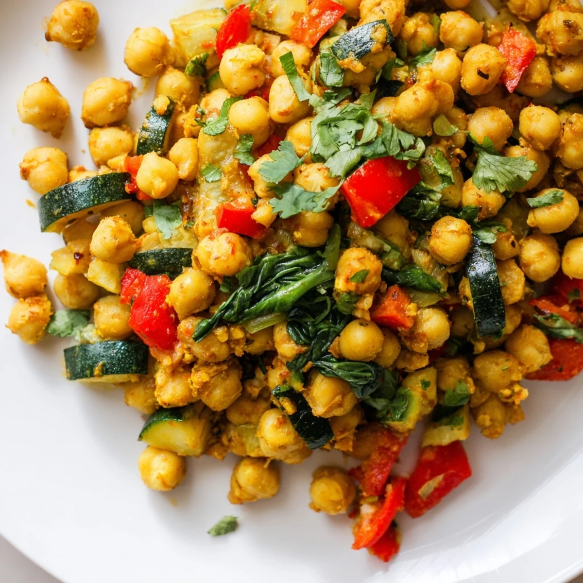 A hearty bowl of Turmeric Chickpea Skillet topped with fresh cilantro and lemon wedges, served over fluffy quinoa.