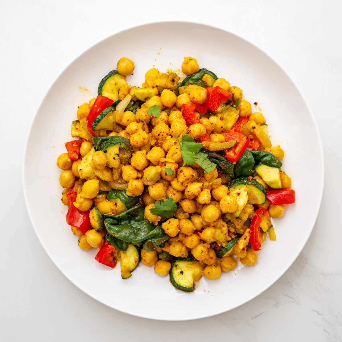 Close-up of Turmeric Chickpea Skillet showing sautéed zucchini, red onion, and tomatoes in a savory golden spice sauce.