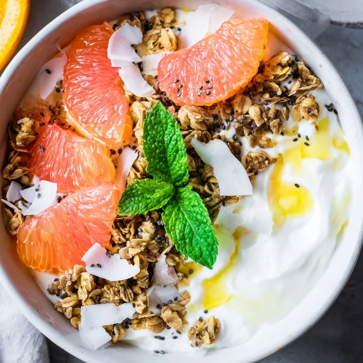 Freshly segmented orange and grapefruit top a creamy bowl of Citrus Yogurt Bowl Cozy with crunchy granola.