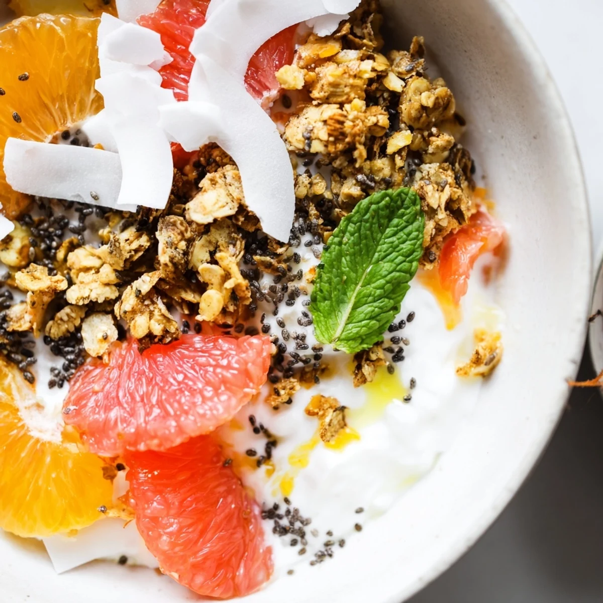 A bright serving of Citrus Yogurt Bowl Cozy garnished with mint, coconut, and chia seeds for a zesty morning.